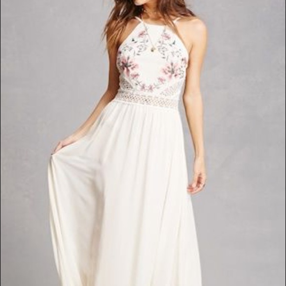 Floral Embroided White Long Maxi Dress